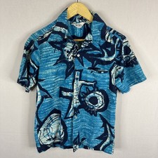 Vintage Reef Hawaiian Barkcloth Shirt Made in Hawaii Men  s S Blue Abstract
