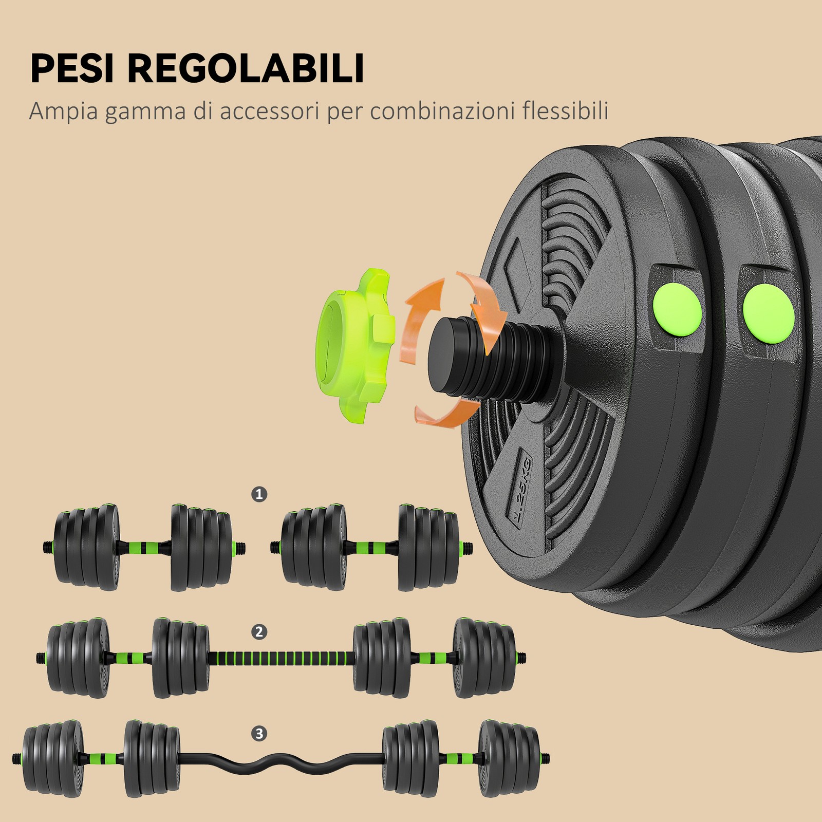 SPORTNOW Set Bilanciere con Pesi 3 in 1 da 16 Dischi in Plastica e Sabbia Verde foto 6