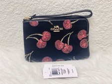 COACH Corner Zip Wristlet With Cherry Print Smooth Leather Black Multi CDF05 NWT