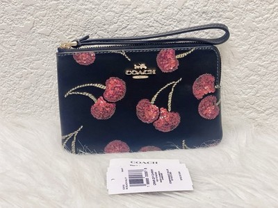 COACH Corner Zip Wristlet With Cherry Print Smooth Leather Black Multi CDF05 NWT