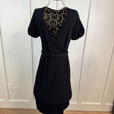 Calvin Klein Black Matte Jersey Faux-Wrap Puff Sleeve Midi Dress Size 4