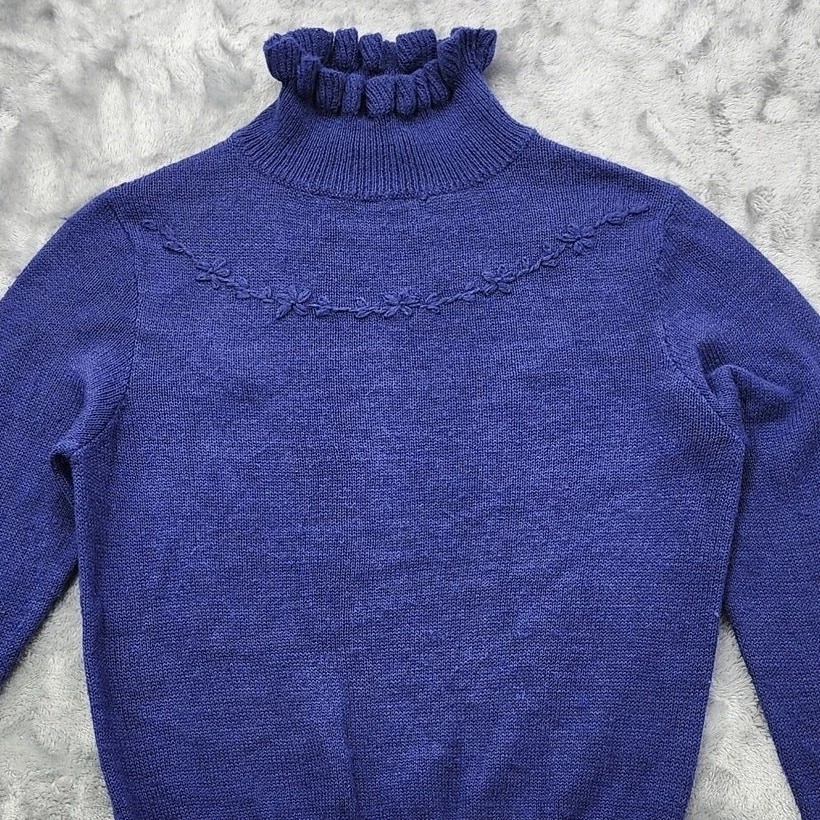 Suéter Vintage Años 60 Para Mujer S Azul Tejido Difuso Volantes Cuello Alto Pullover Preppy Foto 2 de 4