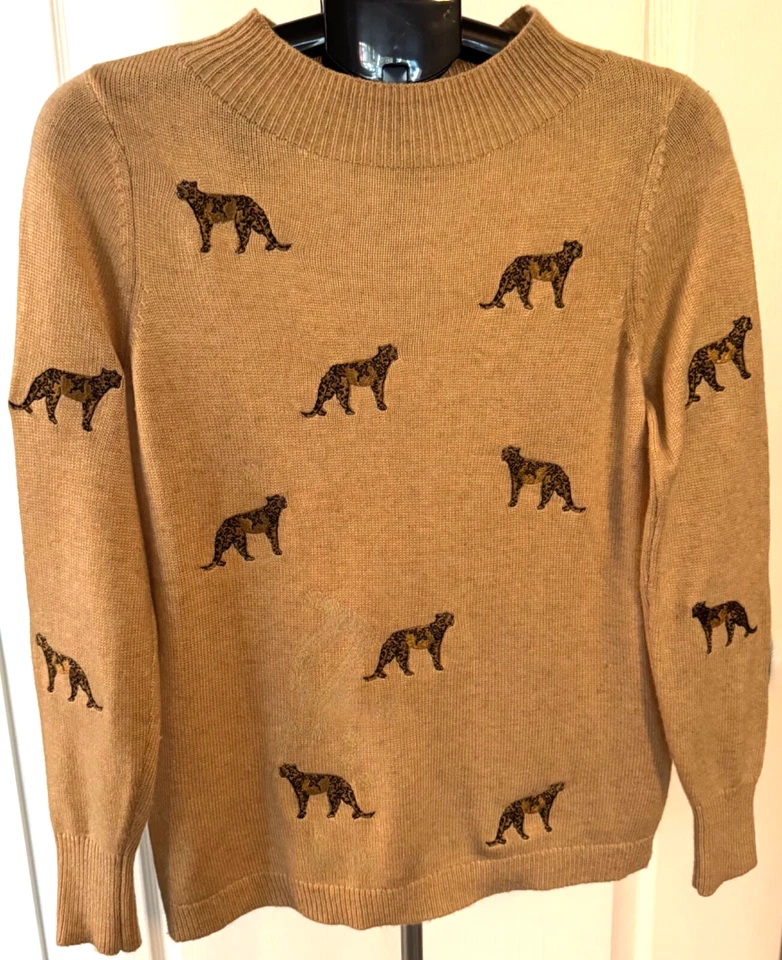 Suéter Feminino Chico's Leopardo, Tamanho Pequeno, Cashmere, Rayon, Nylon, Lindo