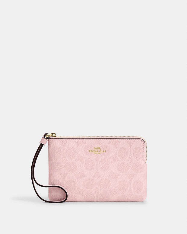 Coach CAQ75 Corner Zip Wristlet In Signature Canvas In Gold/Powder