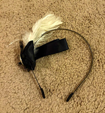 Black  White Feather Flower Headband Fascinator w/ Rhinestone Accent One Size