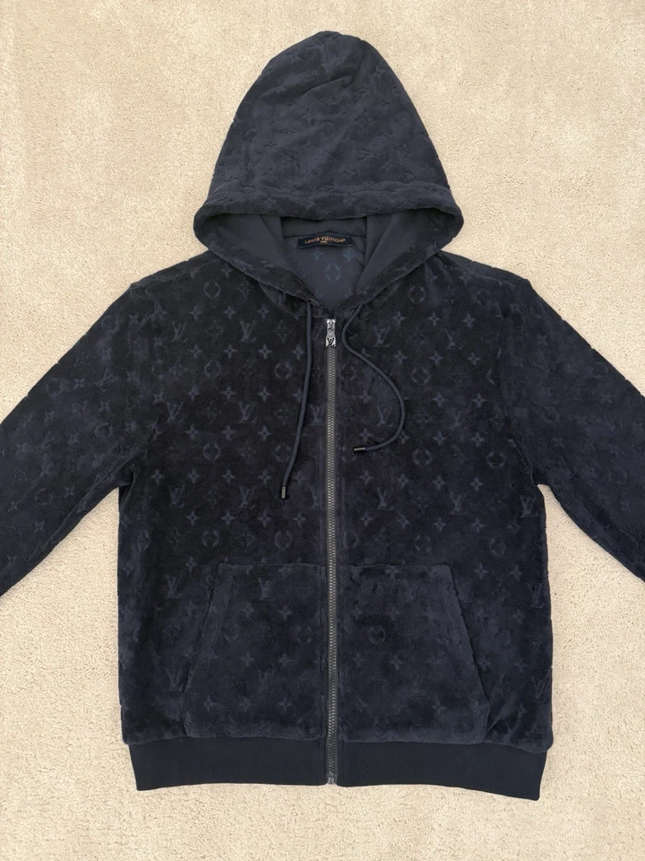 Louis Vuitton 男式深海军蓝连帽衫 Monogram 拉链法国毛圈 M 码 — 第 3/4 张图片