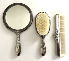 SILVER PLATE VANITY SET of 3 Hand Mirror Brush Comb ROSE Pattern HEAVY VINTAGE