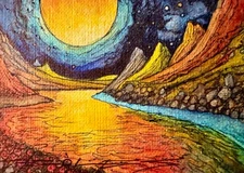 ORIGINAL Hand Painted Pen and Watercolor (ACEO) Mysterious Planet