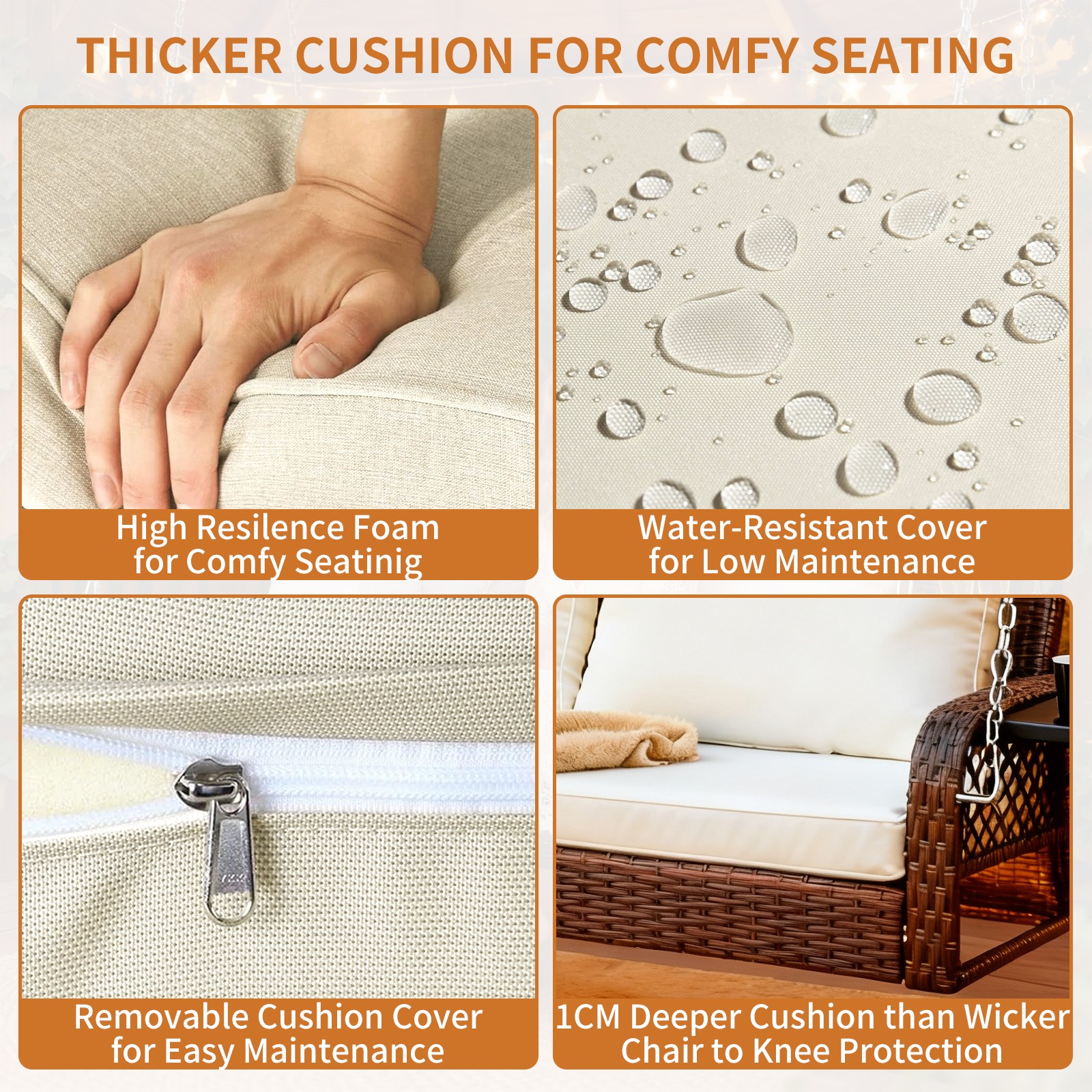 2-Seat Wicker Porch Swing Hanging Chair Outdoor Patio Swing Bench w/Side Table