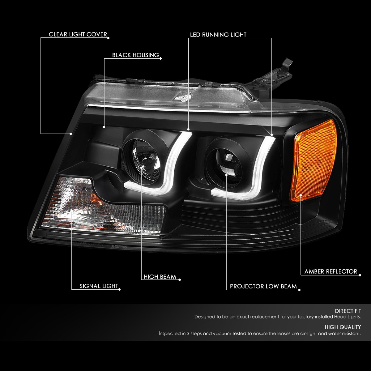 For 04-08 Ford F150 Built-In LED Projector Black Headlight Lamp W/DRL Signal Set