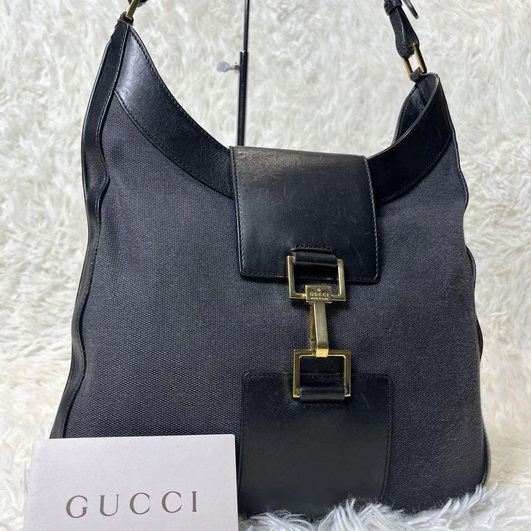 Gucci One Bandoulière Jackie Noir Toile Cuir Véritable Logo Hardwar #PGJQRH