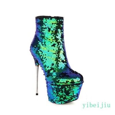 Women's Sexy Super High Stilettos Heels Zipper Sequins Ankle Boots Dance Shoes