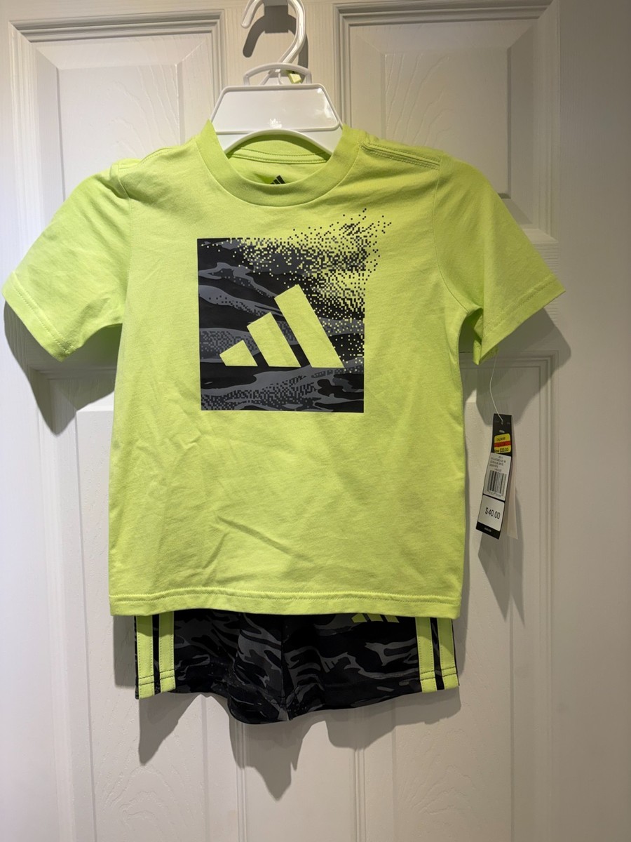 Adidas Boys Logo T-Shirt & matching CAMO Shorts Set Outfit Lime Sz