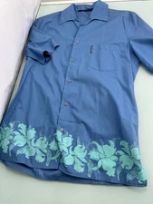 Valentino Jeans Hawaiian Shirt Mens Size 48 Medium M Blue Hibiscus 100% Cotton