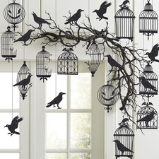 24Pcs Black Crow Decorations Hanging Raven Decor Ornaments Decorative Halloween