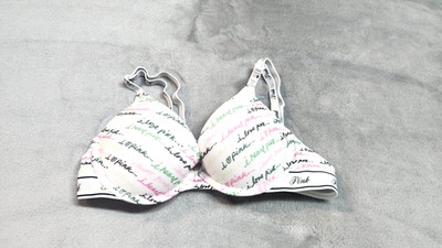 Victoria s Secret PINK 32B White Cursive Print Wear Everywhere Push Up Bra NWT