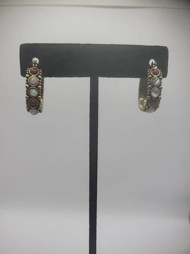 Vintage Gold Tone Hoop Earrings Stones Pierced Jewelry Costume