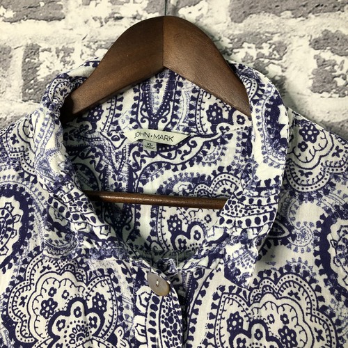 John Mark Shirt Womens XL Blue White Linen Blend 3/4 Sleeve Wired Collar Popover - Picture 2 of 14
