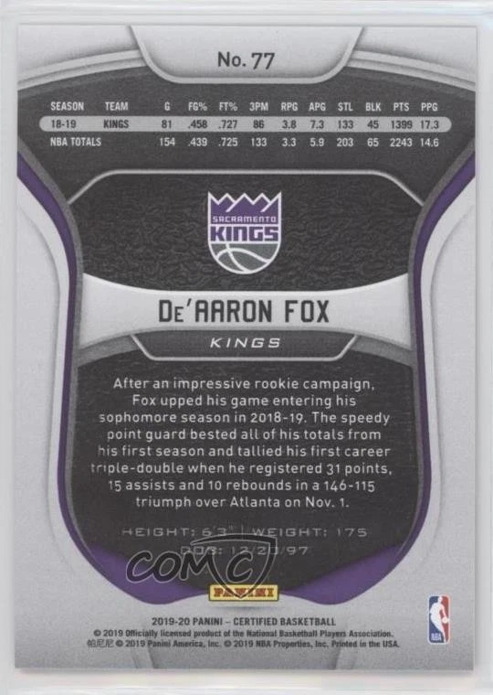 2019-20 Certified Mirror Camo /25 De'Aaron Fox #77 - Image 2 of 2
