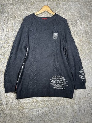 Vtg Y2K Ecko Unltd Cable Knit Graphic Sweater Black Men's XL Heavyweight Rhino