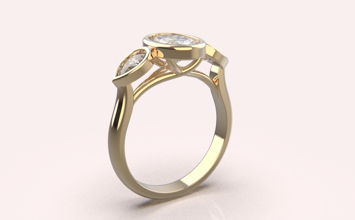 14k Solid Gold 1.0Ctw Oval Center and Pear Shape Side Lab Grown Diamond Ring