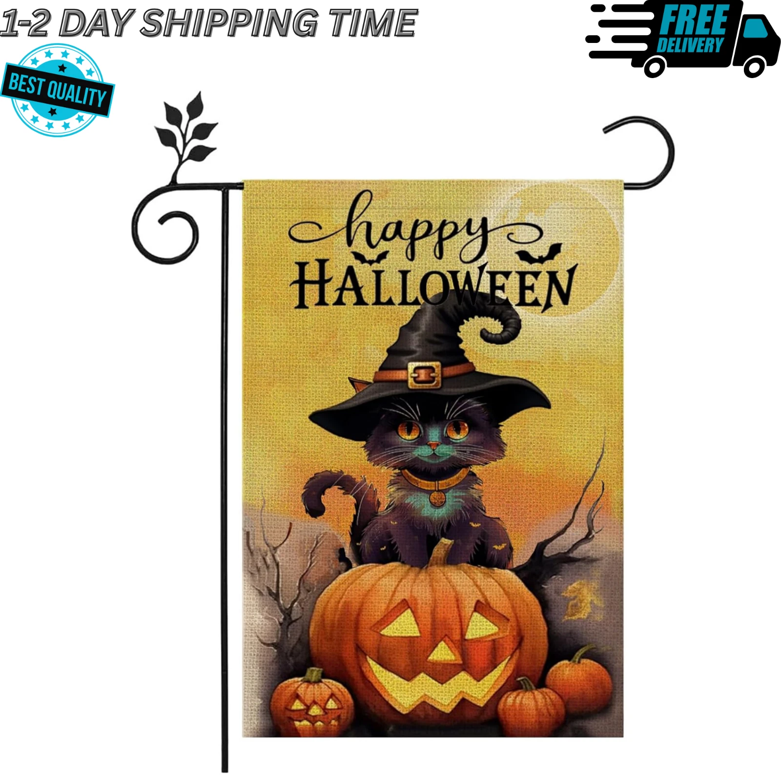 Halloween Cat Garden Flag 12X18 Inch，Double Sided Happy Halloween Pumpkin Holida