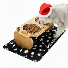 Tilted Elevated Cat Bowls with Food Mat Removable Stainless Steel Pet Dishes ...