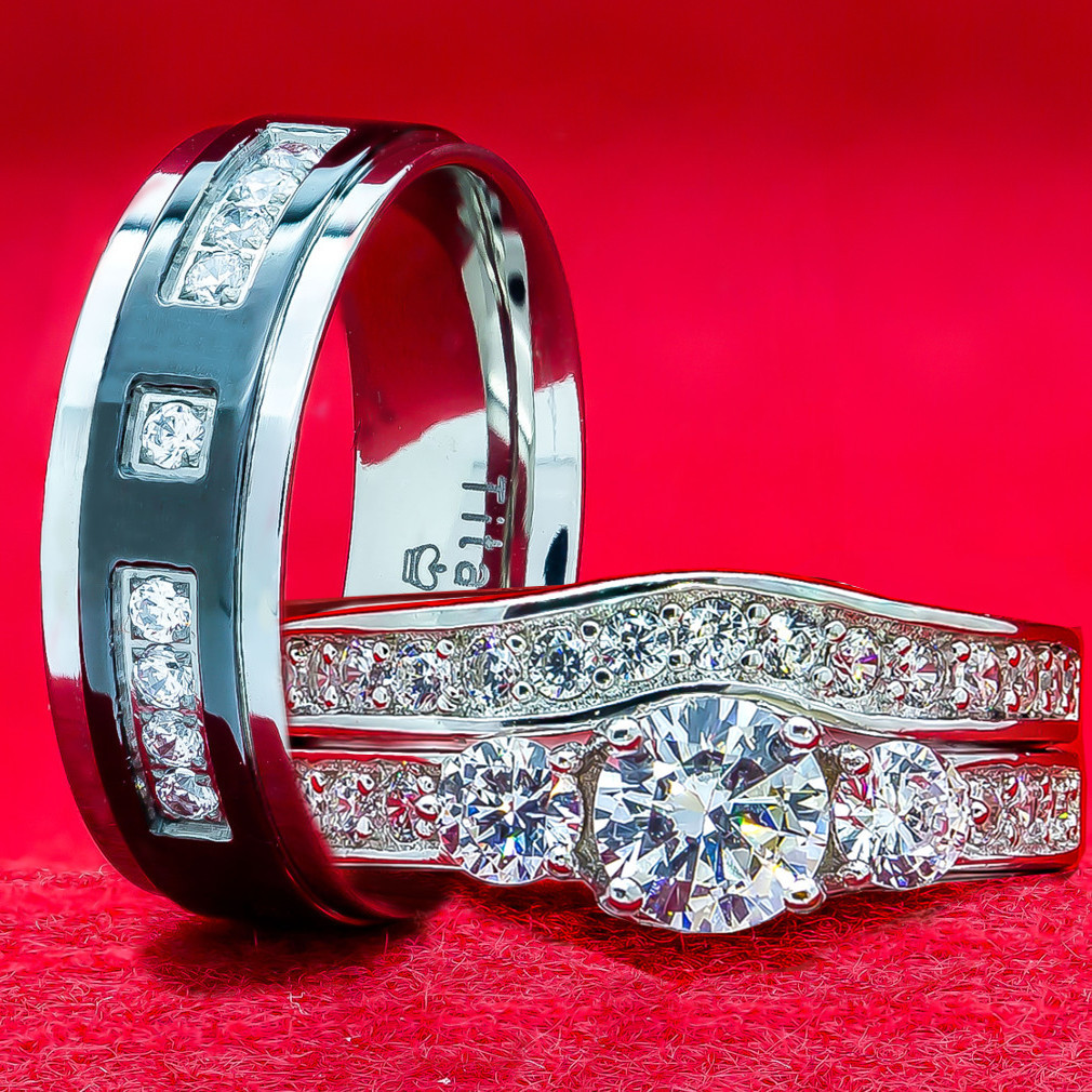 h'eres リング 3点セット silver925 His and Hers Wedding Rings 3 piece 925 Sterling Silver Titanium