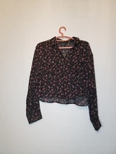 Wild Fable Women's Sz S Long Sleeve Sheer Floral Button Front Pockets Blouse NWT