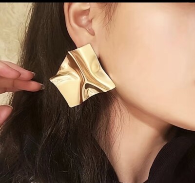Large Irregular Wrinkle Square Geometric Gold Stud Statement Earrings