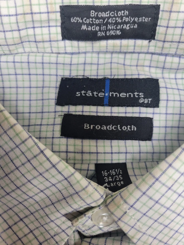 Statements Shirt Men's Size 16 16.5 34/35 Large Plaid Button Down Broadcloth - Image 3 of 4