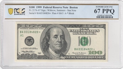 1999 $100 Star Note FRN Boston - Pcgs Banknote 67 PPQ - Top Pop - Fr2176-A* - 第 1/2 張圖片