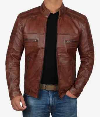 New Designer Biker Distressed Brown Leather Cafe Racer Motorcycle Jacket For Men