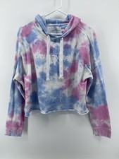 Calvin Klein Pullover Crop Hoodie Womens Size Large Pink Blue White Tie Dye