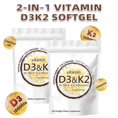 Vitamin D3 K2 Softgel Capsule Extra Strength D3 K2 Supplements with 10000IU 180P