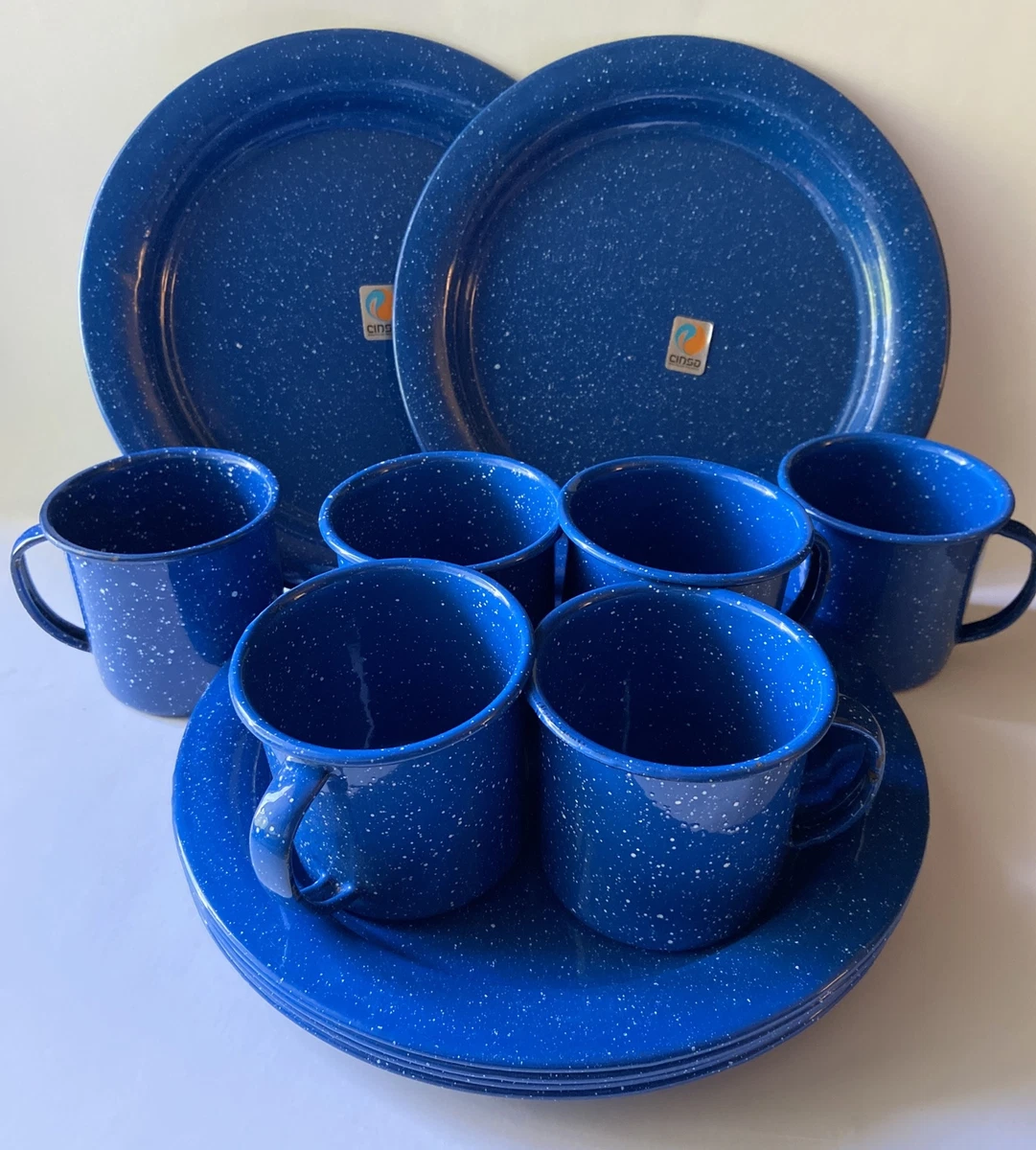 Cinsa Tin Enamelware Camping 6 Dinner Plates 6 Mugs Blue Splatter