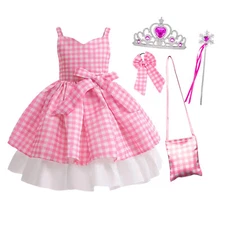 Girls Pink Barbi Dress Plaid Party Outfit Birthday Princess Costume 5 Pcs Set