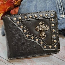 Cross Mens Wallet Western Bifold Religious Wallet Ostrich black Faux Leather