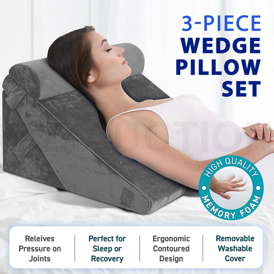 3PCS Wedge Pillow Set Bed Sleep Neck Cushion Support Leg Raiser Memory Foam Grey