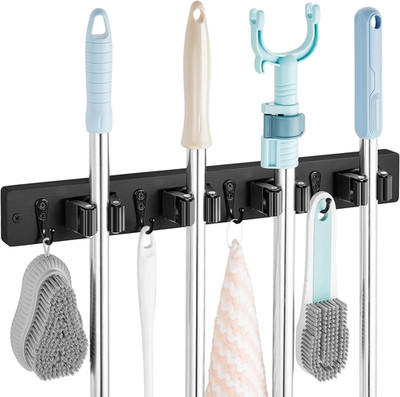Black Mop Broom Holder Wall Mount with 4 Slots & 4 Hooks - Rustic Wood Broom Mop