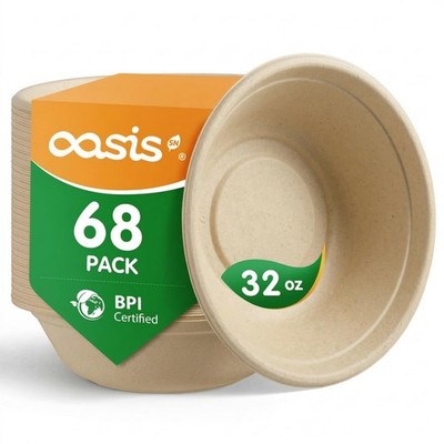 32 oz 68-Pack Large Compostable Paper Bowls, Disposable Meal Prep & Takeout B...