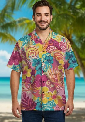 Men Tropical Floral Aloha Summer Beach Hawaiian Shirt