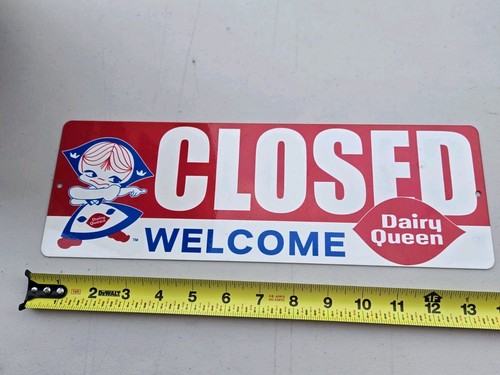 VTG LITTLE MISS DAIRY QUEEN CLOSED / WELCOME PAINTED METAL SIGN DUTCH GIRL