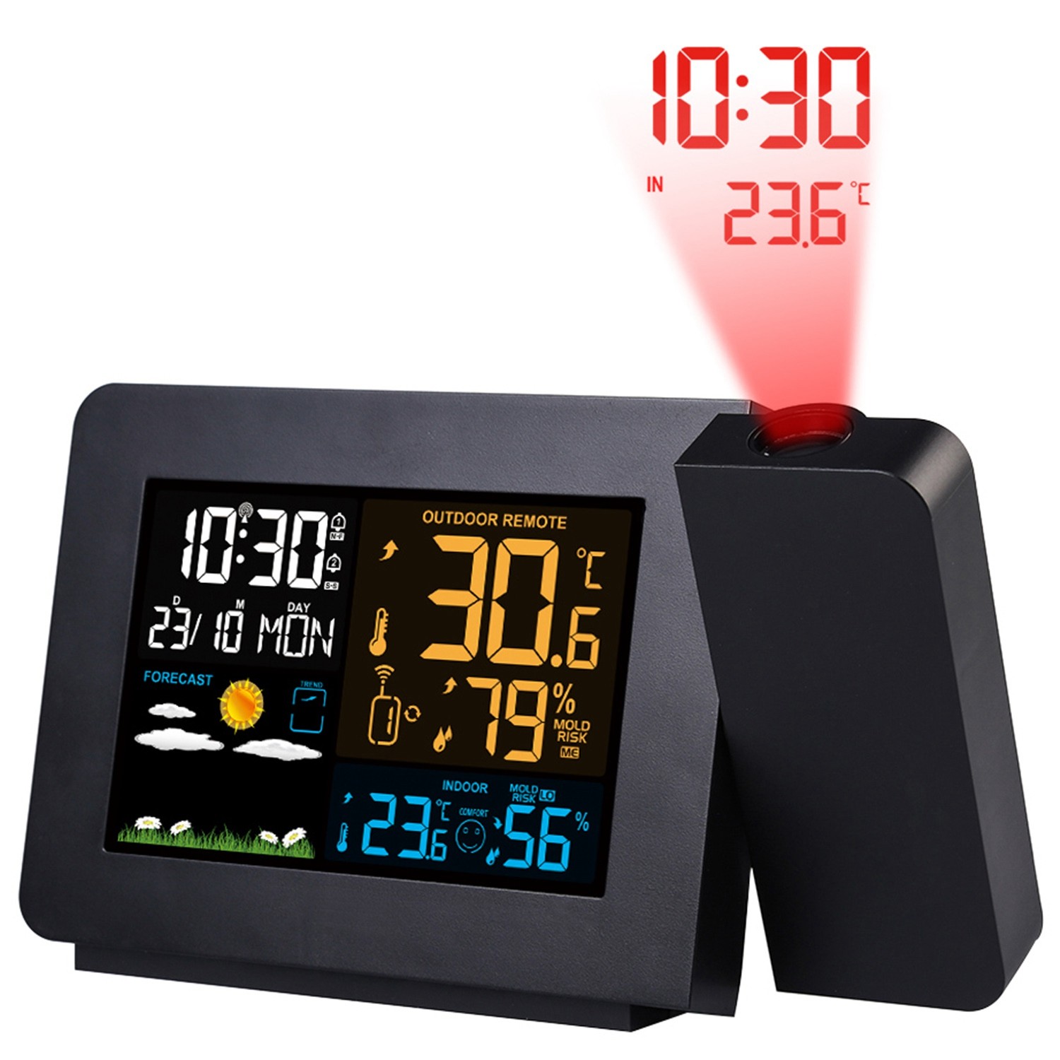 Atomic Projection Alarm Clock w/ Wireless Weather - Temp Humidity Sensor
