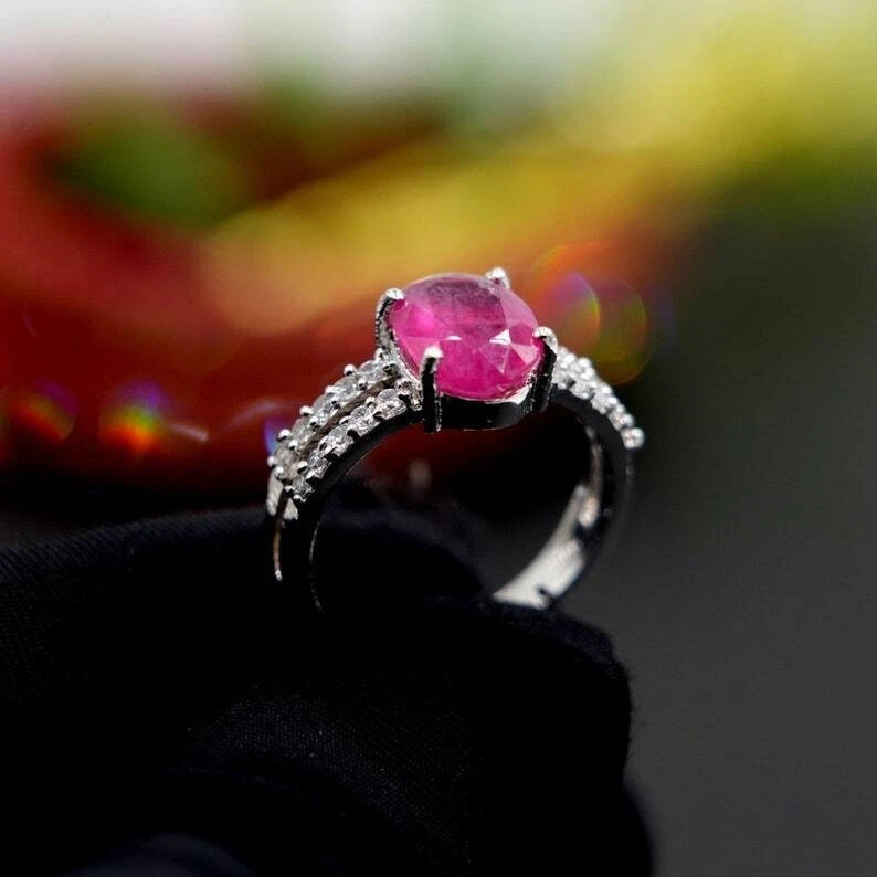 Natural Ruby and White Topaz 925 Sterling Silver Ring Statement Women Ring Q522 - Image 4 of 4