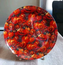 Vintage Halloween Dinner Plate Jack-o'-lantern Decor Glass Pumpkin Autumn Orange