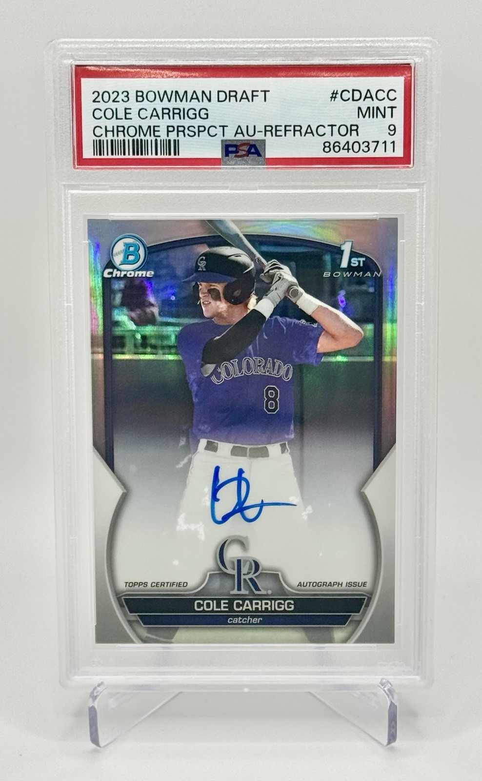 Cole Carrigg 2023 Bowman Draft Chrome 1st Auto RC Refractor /499 - PSA 9 Mint