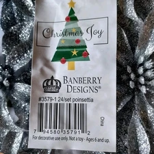 24-pack Silver Glitter Poinsettias 4" Floral Decor, Bainberry Designs NEW