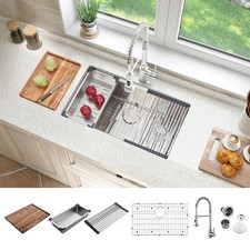 32in Handmade Stainless Steel Undermount Single Bowl Kitchen Sink W/Faucet