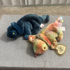 Vintage TY Beanie Baby Rainbow the Chameleon Pair 2 1990s w/ Tag Protectors 